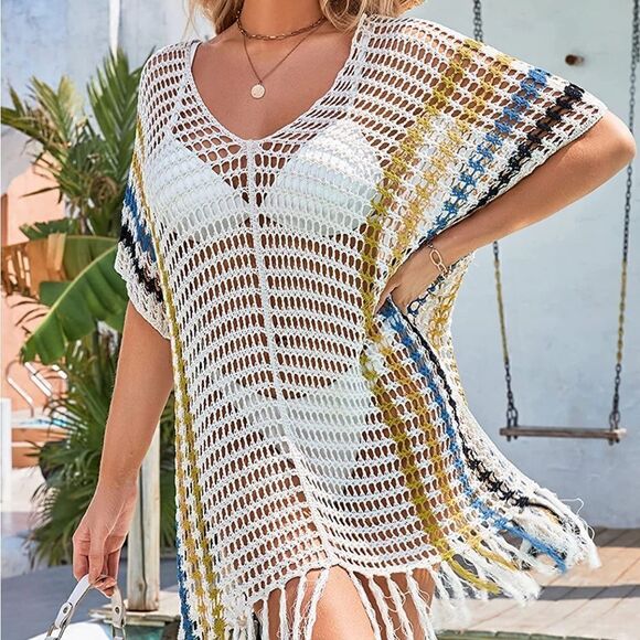 White & Blue Crochet Beach Cover Up - Picture 2 of 5